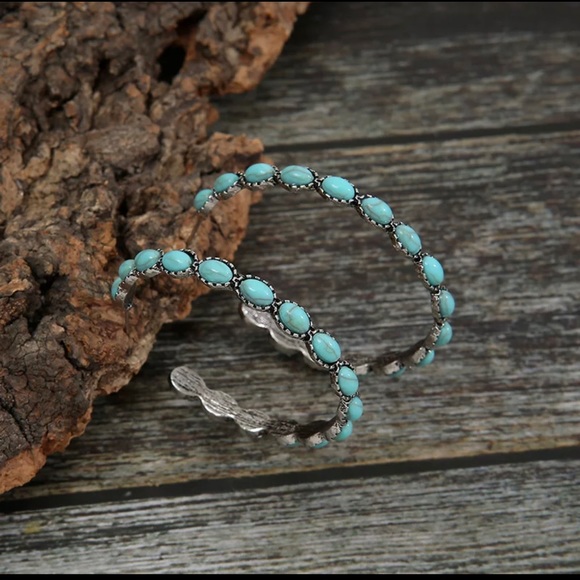 Beautiful Boho Turquoise and Silver Hoop Earrings - Picture 2 of 6